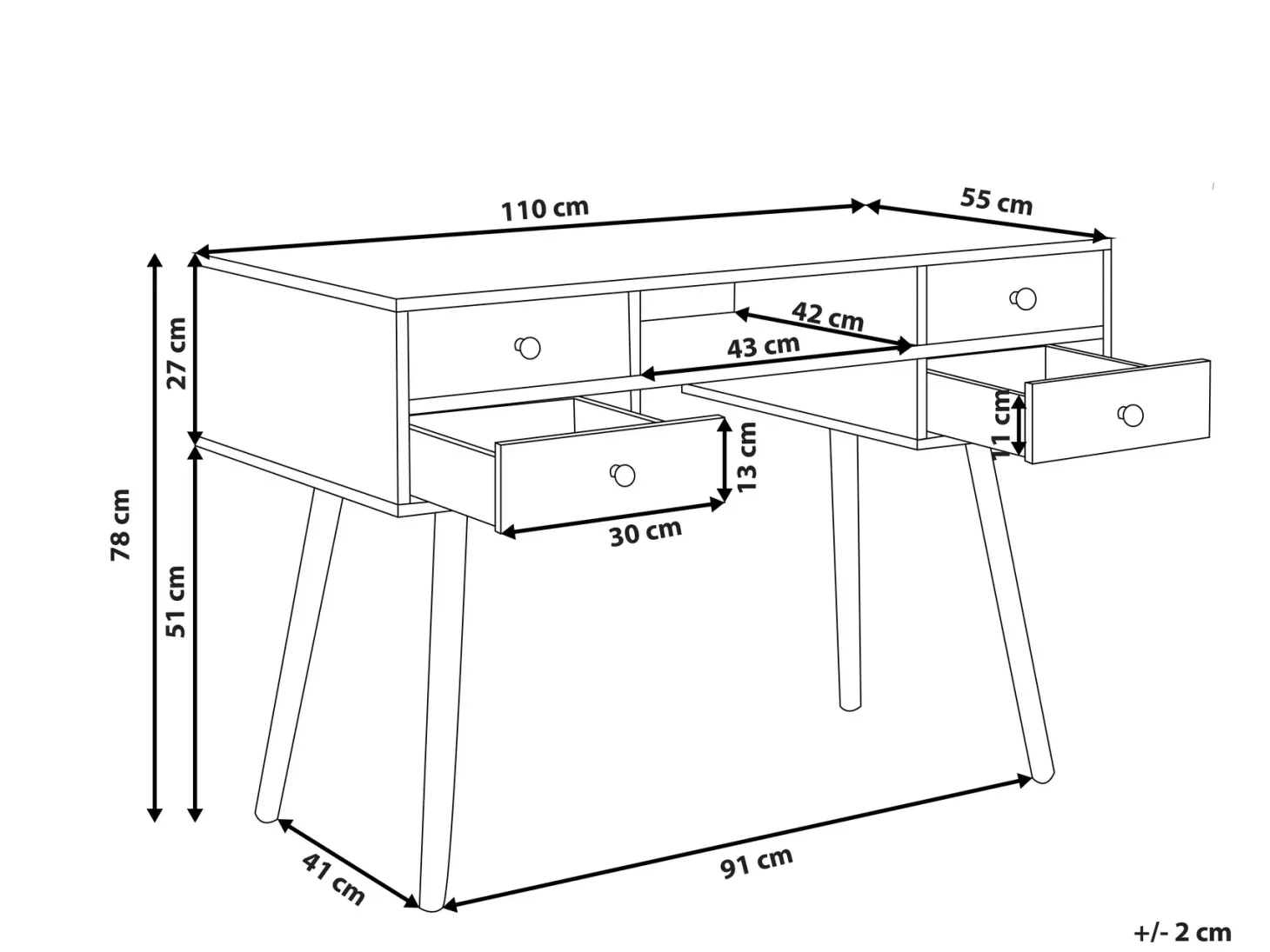 Skrivebord LEVIN Hvid 110 cm 55 cm med skuffer