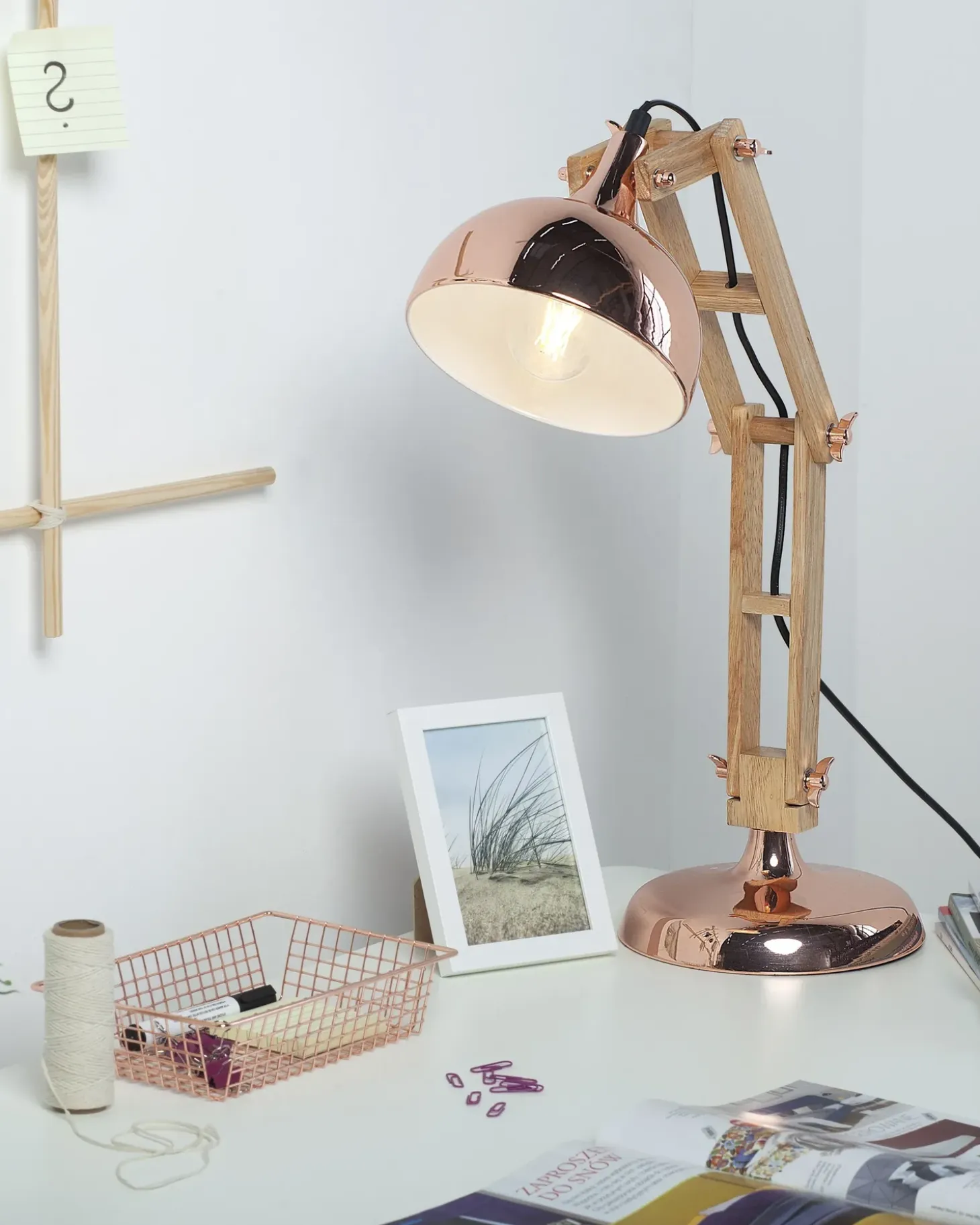 Skrivebordslampe SALADO Justerbar Træ Kobber