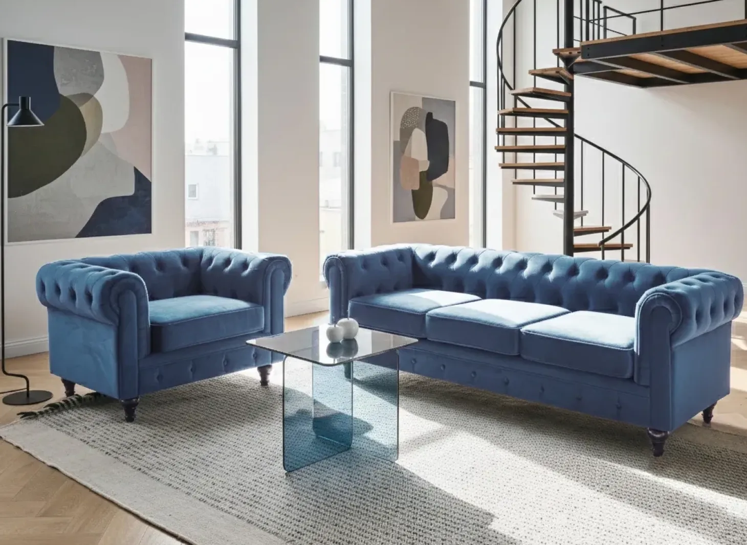Sofa 3 personers CHESTERFIELD Velour Navy Blå