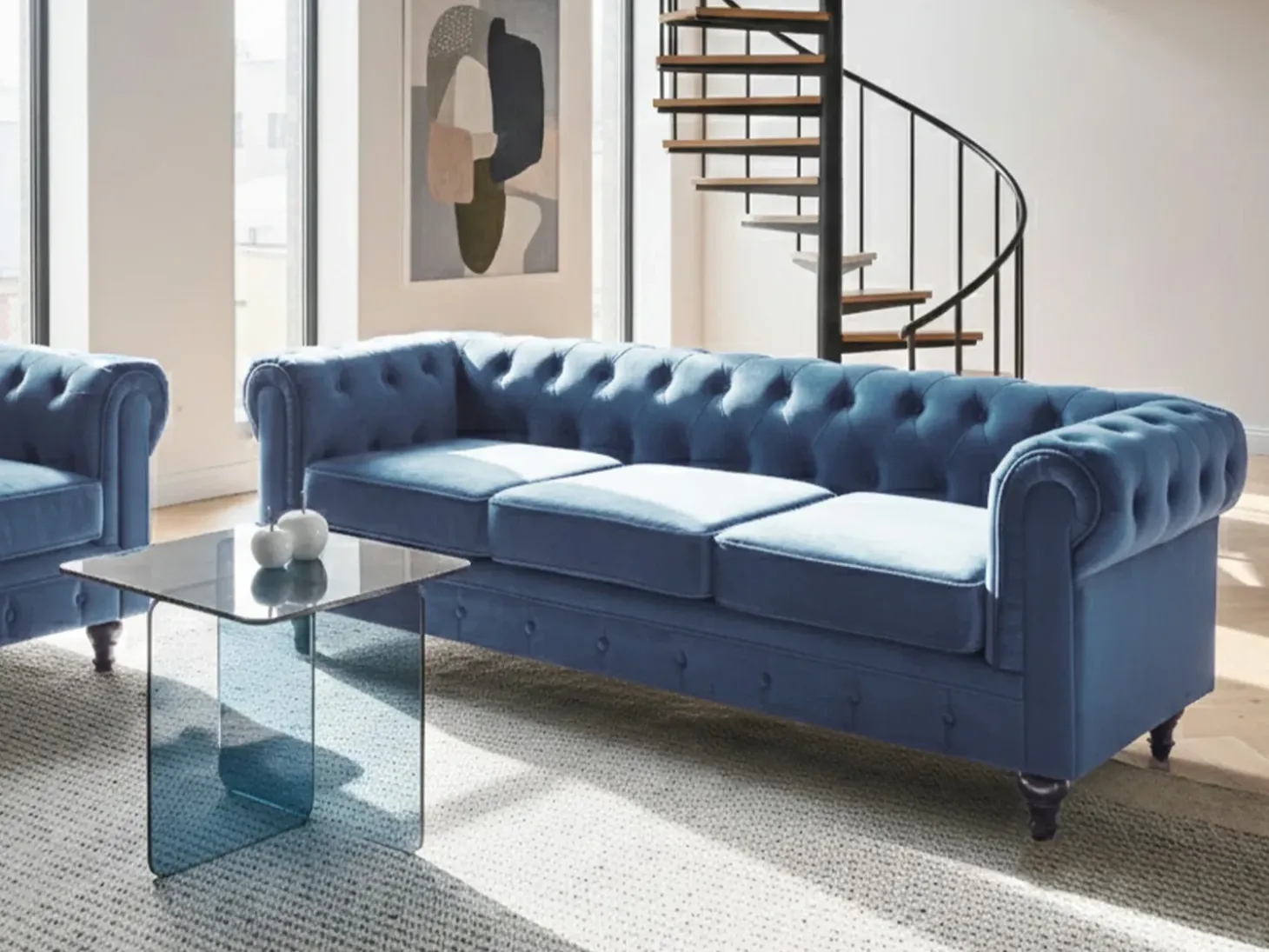 Sofa 3 personers CHESTERFIELD Velour Navy Blå