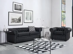 Sofa 3 personers CHESTERFIELD Ægte læder Sort