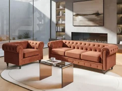 Sofa 3 personers CHESTERFIELD Velour Guldbrun