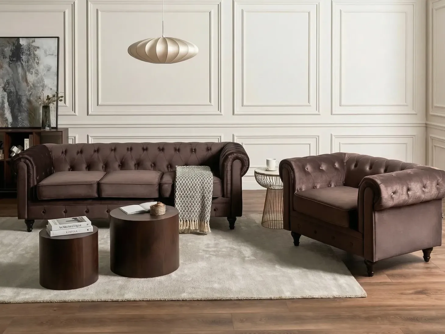Sofa 3 personers CHESTERFIELD Velour Mørkebrun