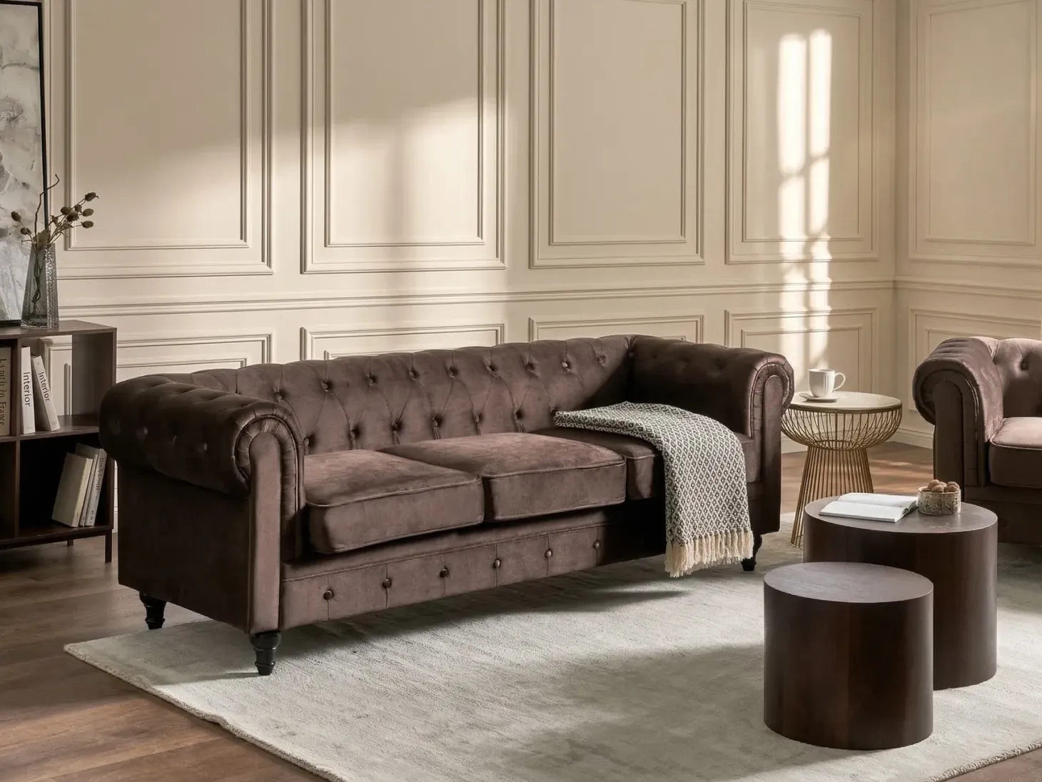Sofa 3 personers CHESTERFIELD Velour Mørkebrun