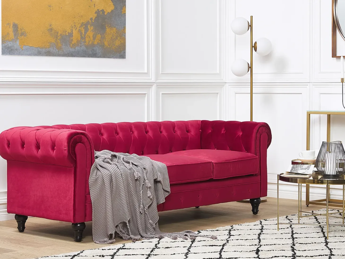 Sofa 3 personers CHESTERFIELD Velour Mørkerød