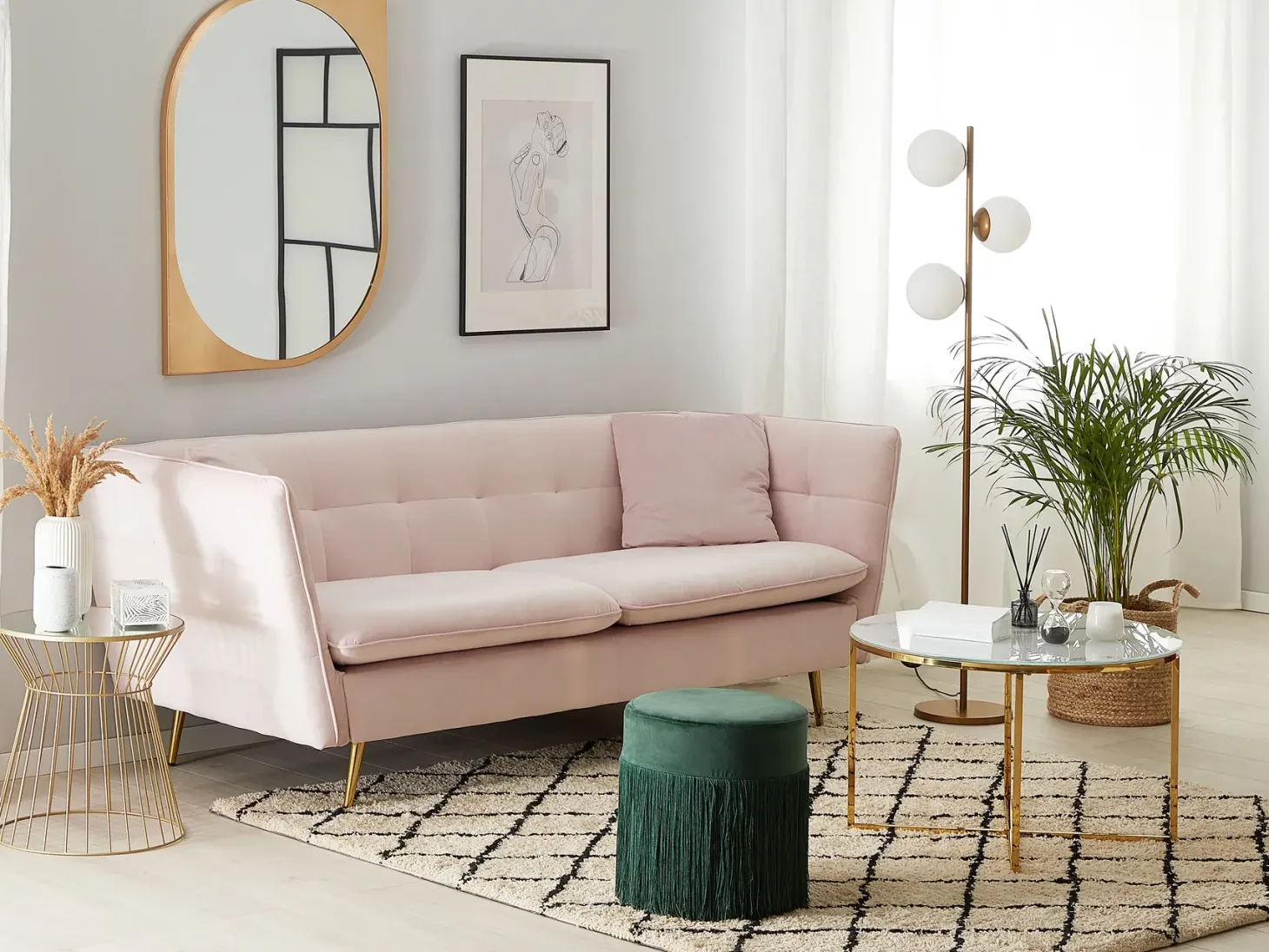 Sofa 3 personers FREDERICA Velour Lyserød