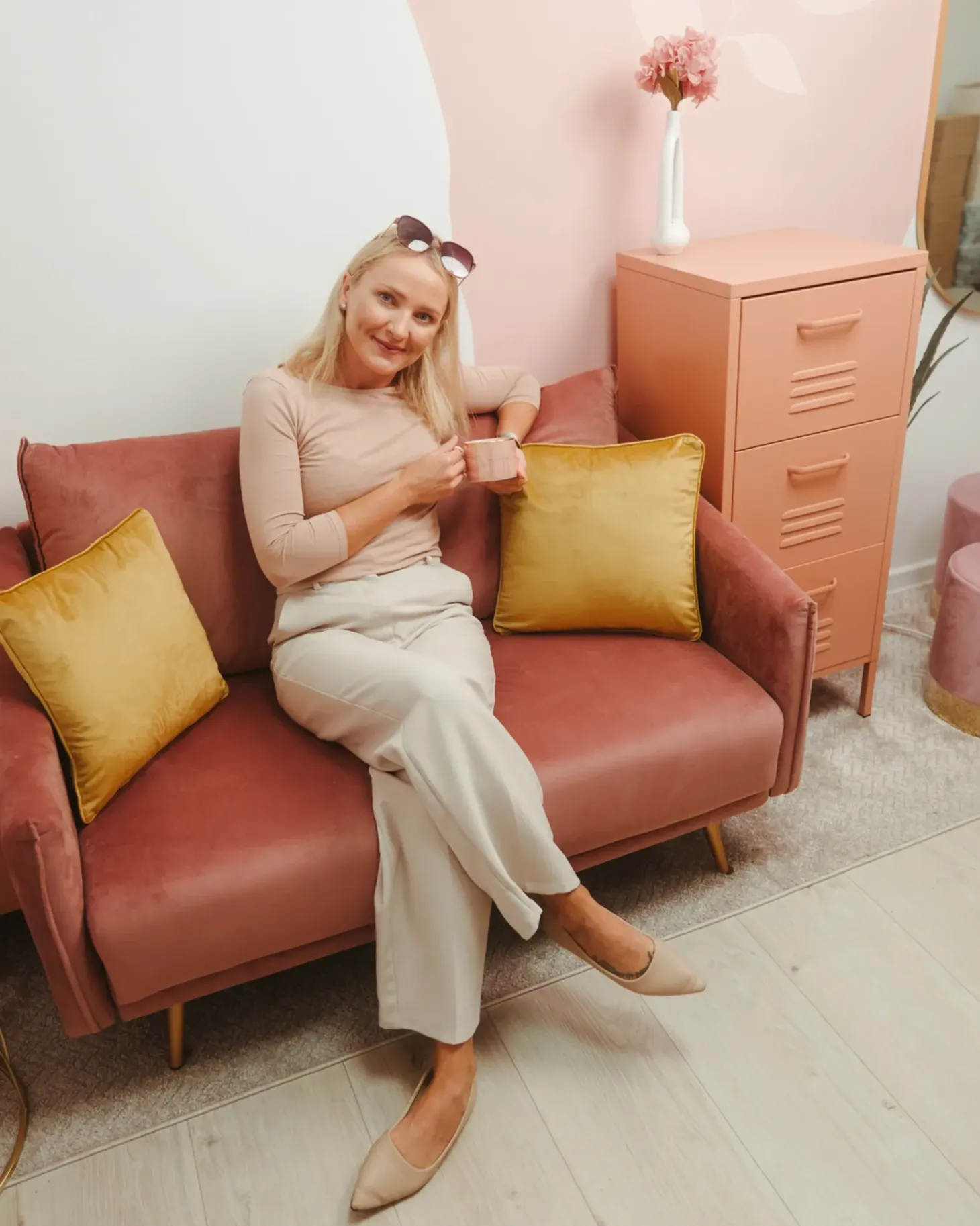 Sofa 3 personers MAURA Velour Lyserød