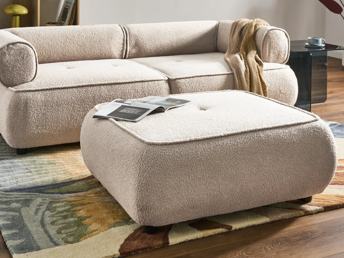 Sofa 3 personers SALLA Boucle Beige med fodskammel