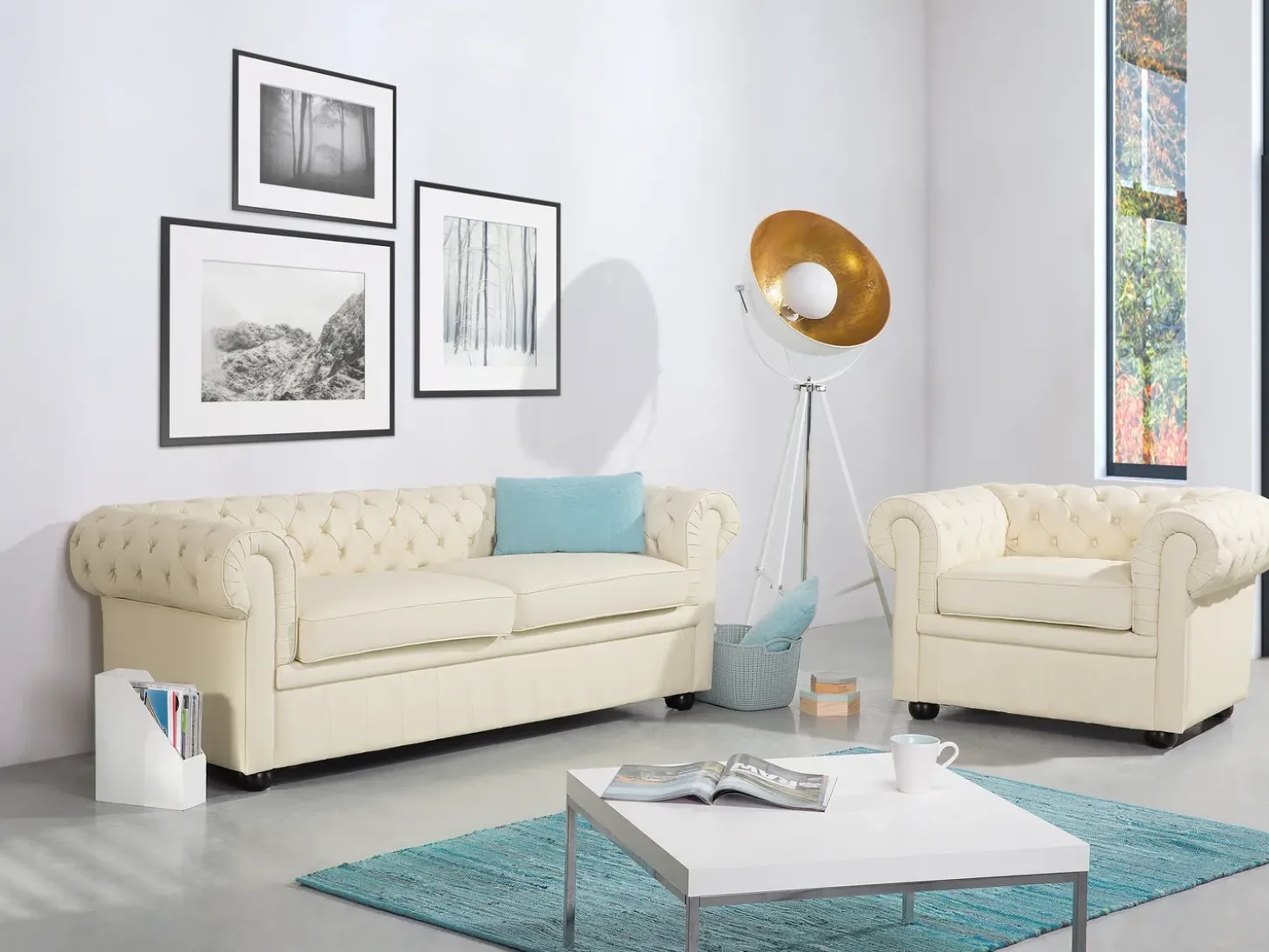 Sofasæt 4 personers CHESTERFIELD Ægte læder Lys Beige