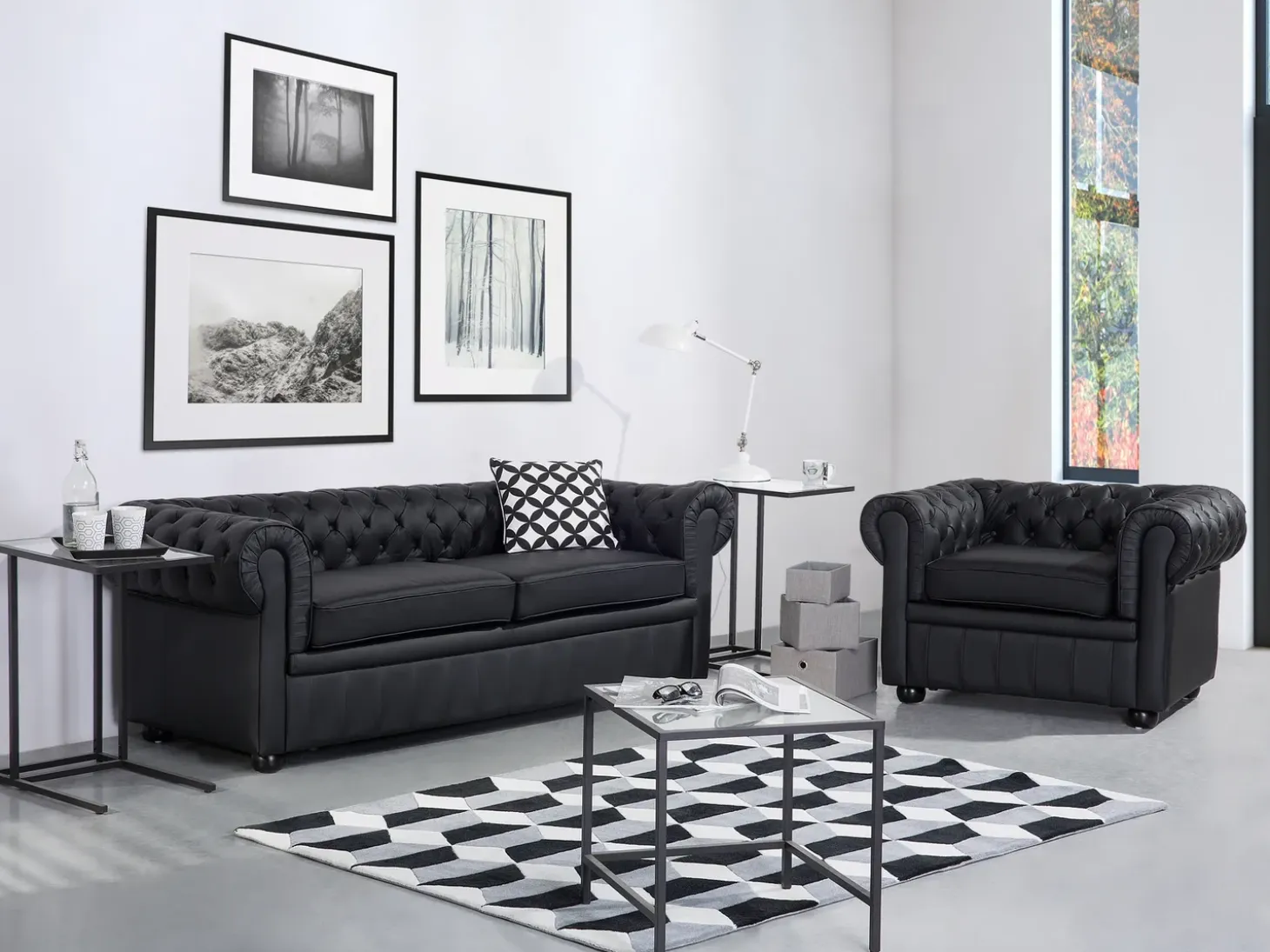 Sofasæt 4 personers CHESTERFIELD Ægte læder Sort