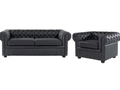 Sofasæt 4 personers CHESTERFIELD Ægte læder Sort