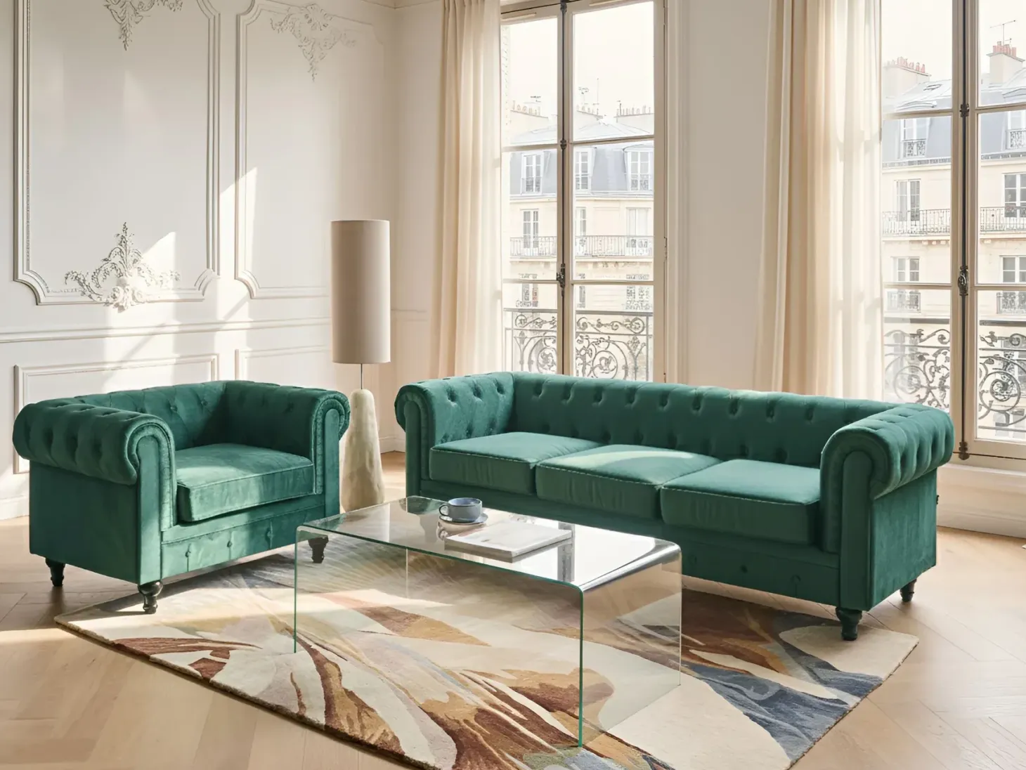 Sofasæt 4 personers CHESTERFIELD Velour Smaragdgrøn