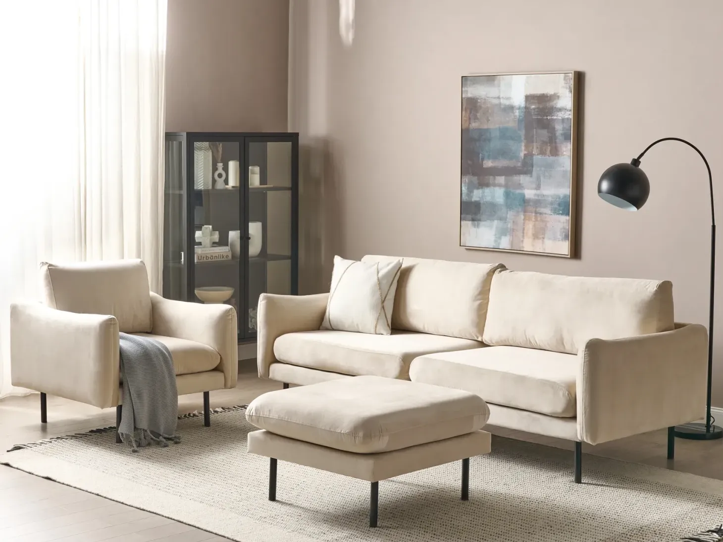 Sofasæt 5 personers VINTERBRO Velour Lys Beige med fodskammel