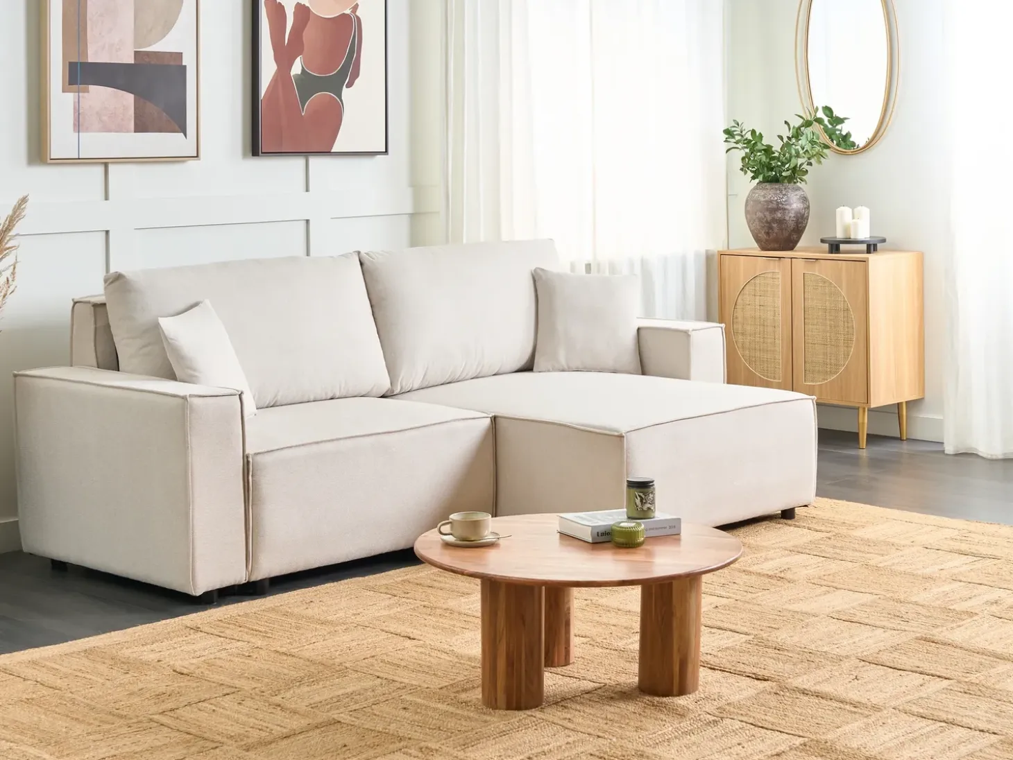 Sovesofa 3 personers KARILA Lys Beige med opbevaring Venstrevendt