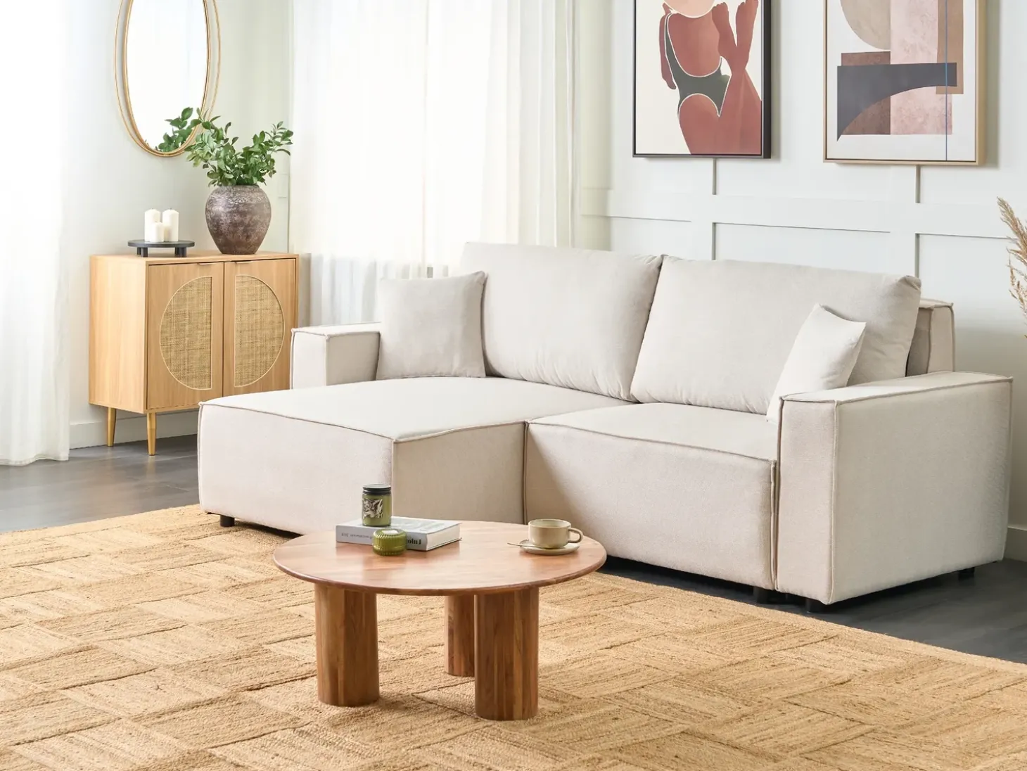 Sovesofa 3 personers KARILA Lys Beige med opbevaring Højrevendt