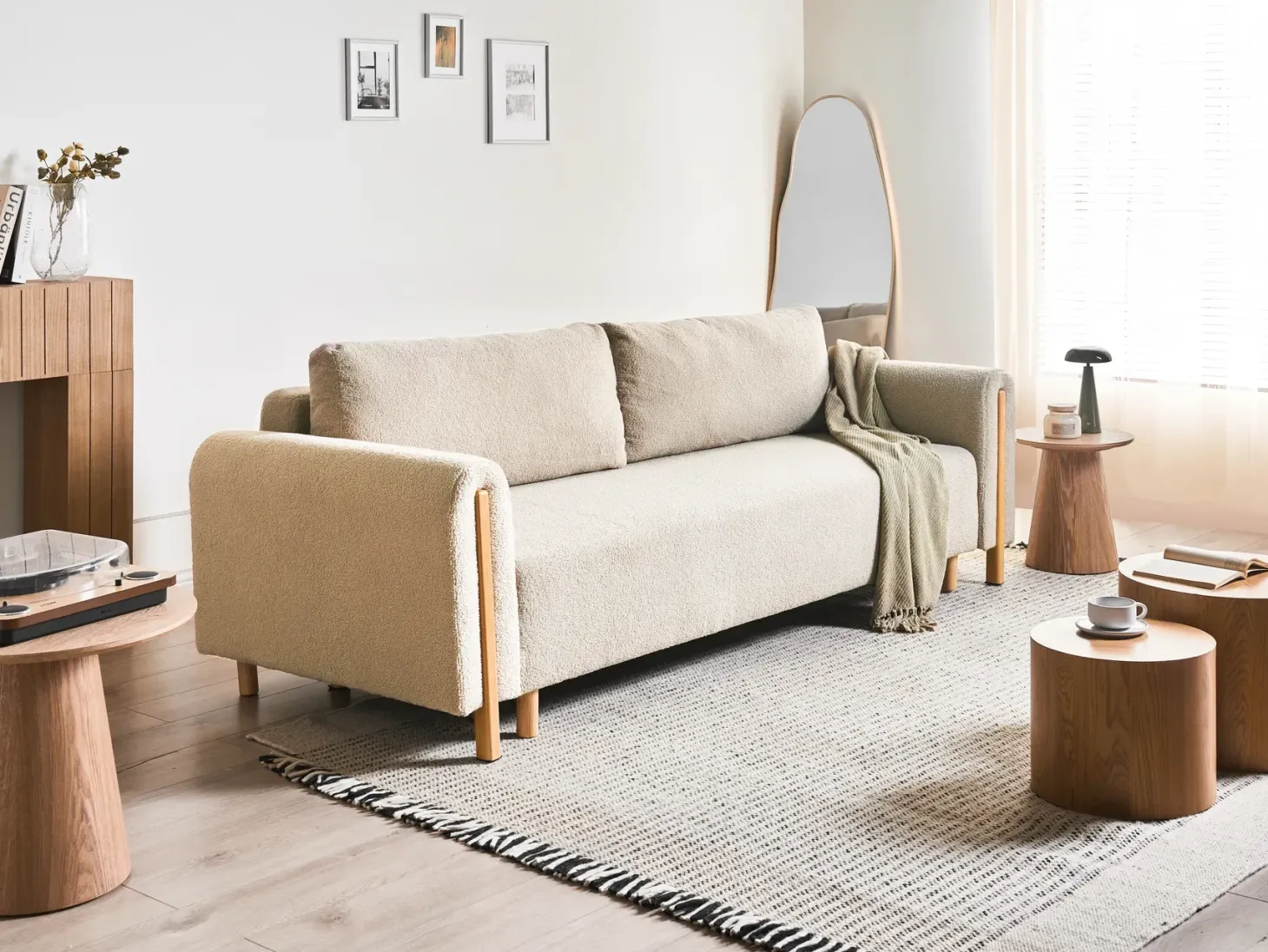 Sovesofa 3 personers KVAM Boucle Lys Beige med opbevaring