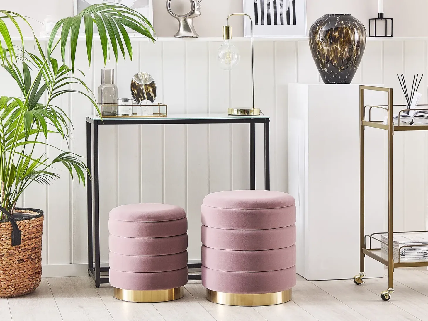 Sæt af 2 opbevaringspuffer GARLAND Velour Lyserød