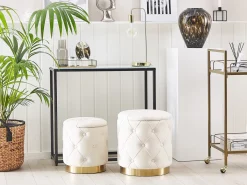 Sæt af 2 opbevaringspuffer PUEBLO Velour Hvid