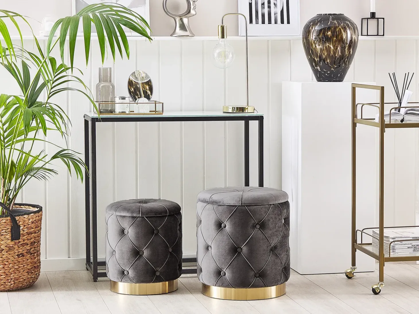 Sæt af 2 opbevaringspuffer PUEBLO Velour Grå