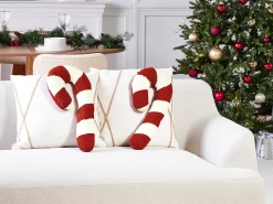 Sæt af 2 pyntepuder CANDY CANE Boucle 22 x 55 cm Rød Julemønster