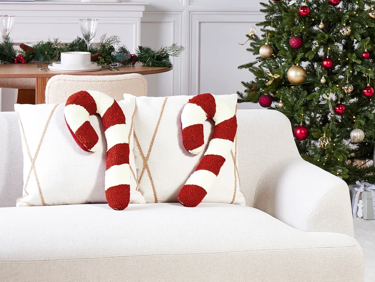 Sæt af 2 pyntepuder CANDY CANE Boucle 22 x 55 cm Rød Julemønster