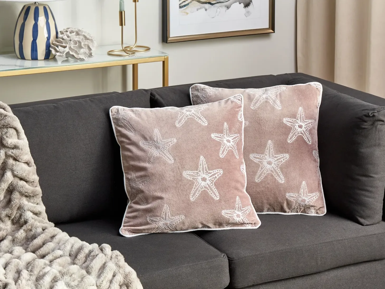 Sæt af 2 pyntepuder CERAMIUM Velour 45 x 45 cm Pastellrosa Blomstermønster