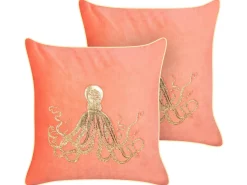 Sæt af 2 pyntepuder LAMINARIA Velour 45 x 45 cm Koralrød Dyremønster