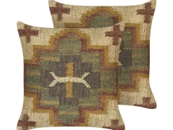 Sæt af 2 pyntepuder PULICAT Jute 45 x 45 cm Grøn Orientalsk mønster