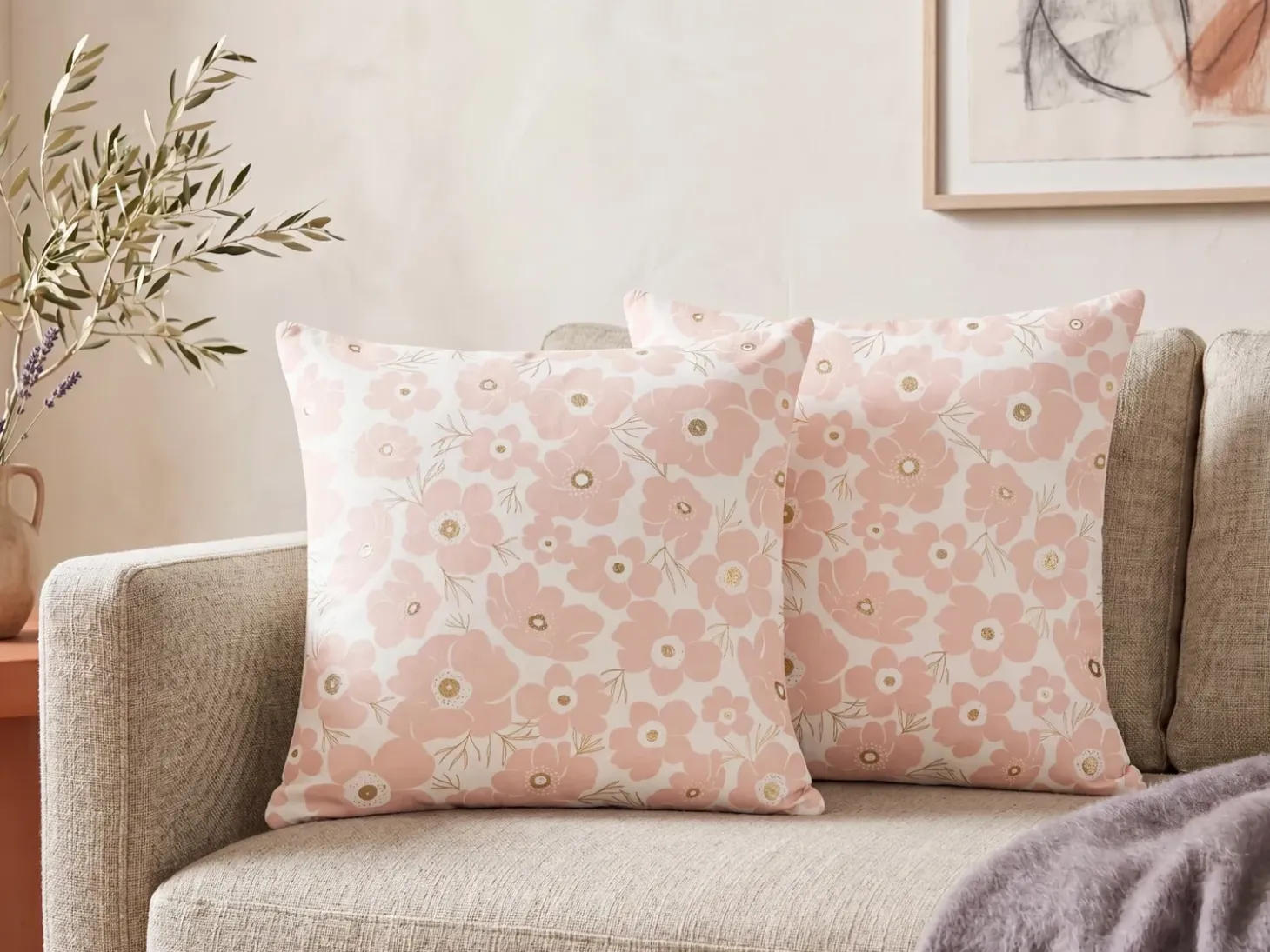 Sæt af 2 pyntepuder TRITELEIA Velour 45 x 45 cm Lyserød Blomstermønster
