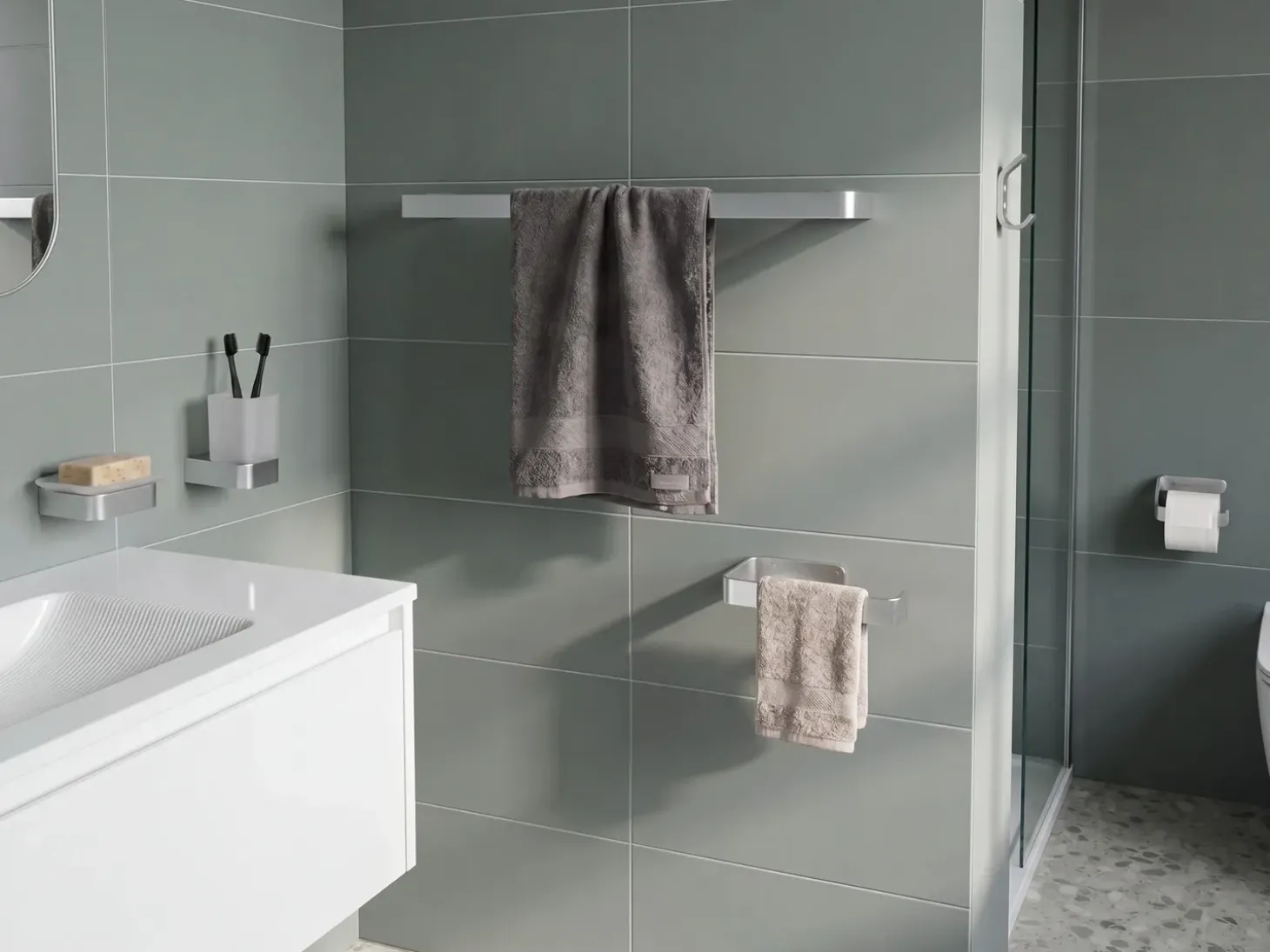 Sæt med 6 badeværelsestilbehør TUMACO Med håndtag og kroge til håndklæder Sølv