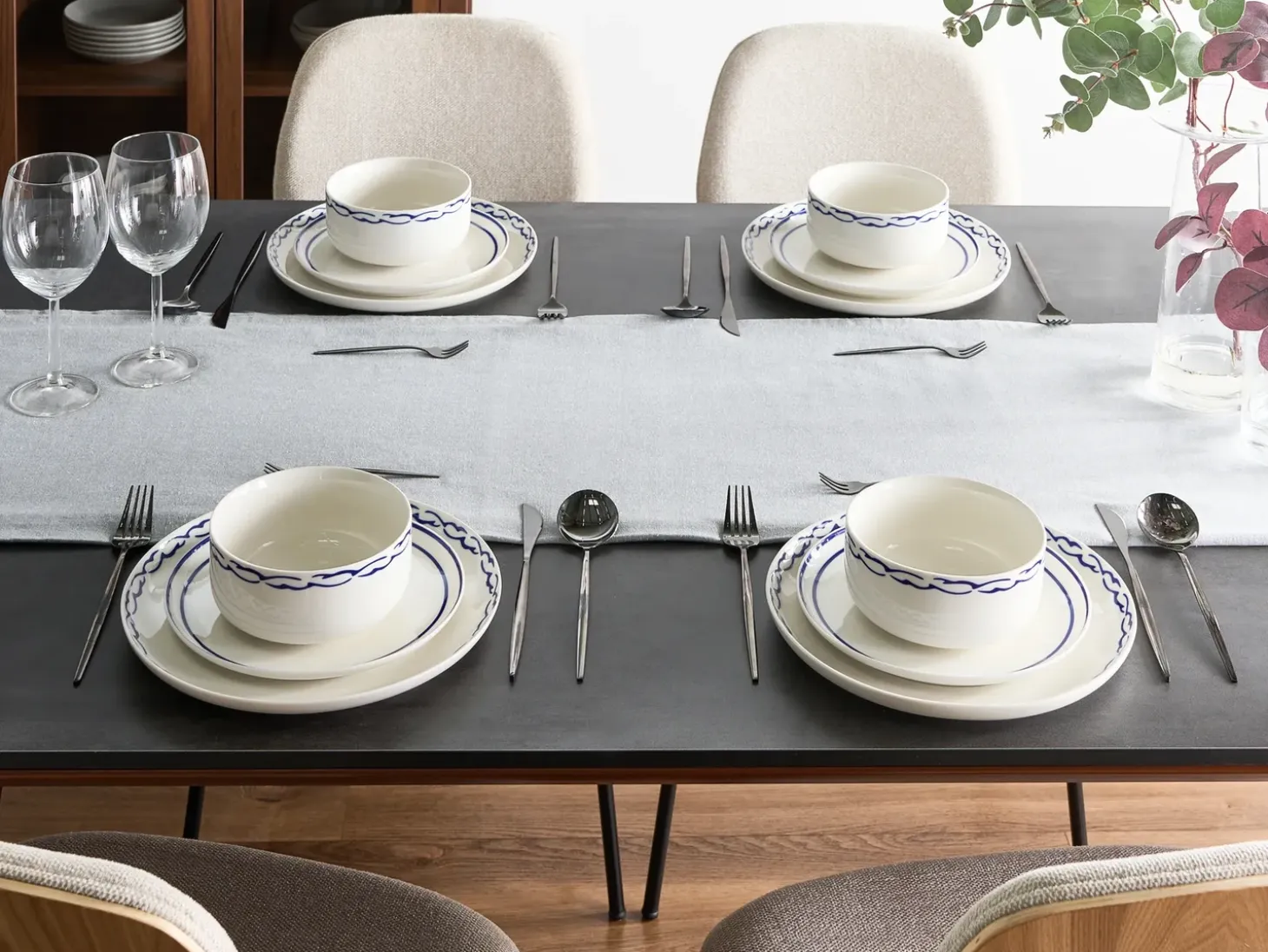 Sæt med 24 stykker service AMCHUR Porcelæn Hvid/blå