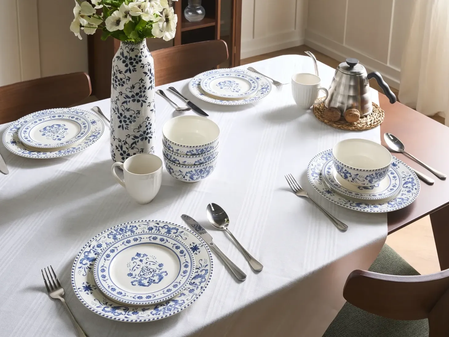 Sæt med 24 stykker service GALANGAL Porcelæn Hvid/blå