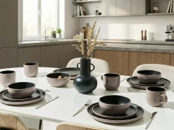 Sæt med 16 stykker spisestel NUTMEG Stentøj Sort/beige