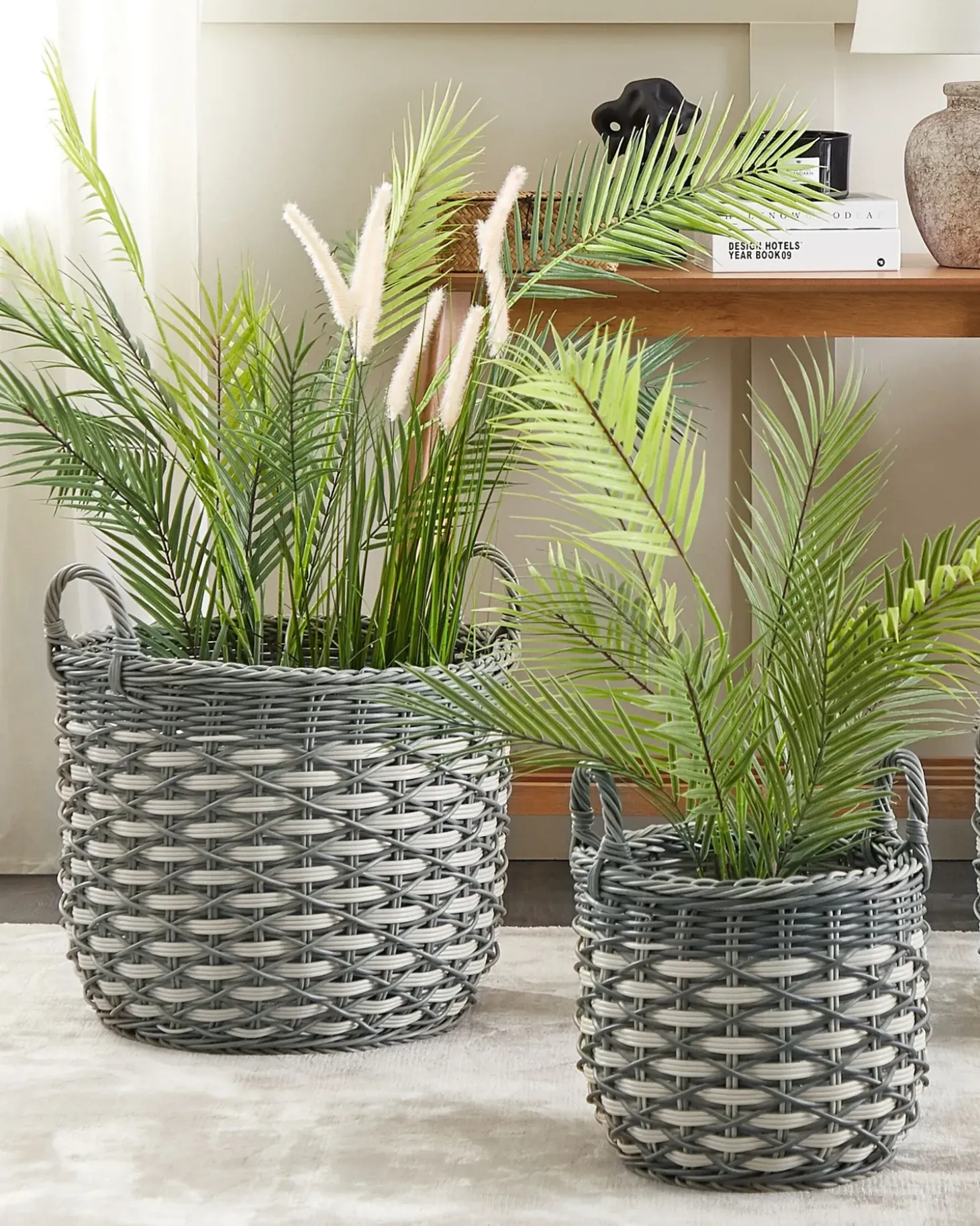Sæt af 3 flet kurve til planter GEFIRA 31/39/49 cm Grå PE-rattan