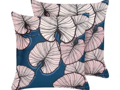 Sæt af 2 pyntepuder CHRYSANTHEMUM Velour 45 x 45 cm Mørkeblå Plante mønster
