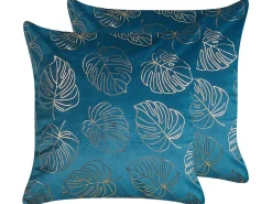 Sæt af 2 pyntepuder DELICIOSA Velour 45 x 45 cm Blå Plante mønster