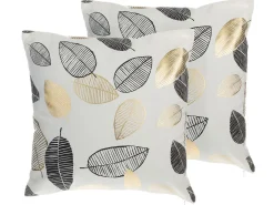 Sæt af 2 pyntepuder LOTUS Bomuld 45 x 45 cm Hvid Guld Sort Plante mønster