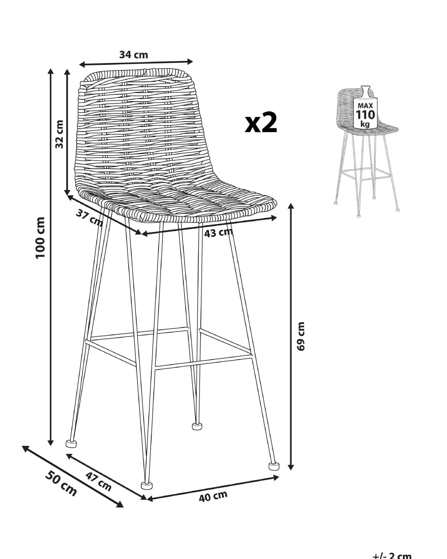 Sæt med 2 barstole CASSITA Rattan Naturlig