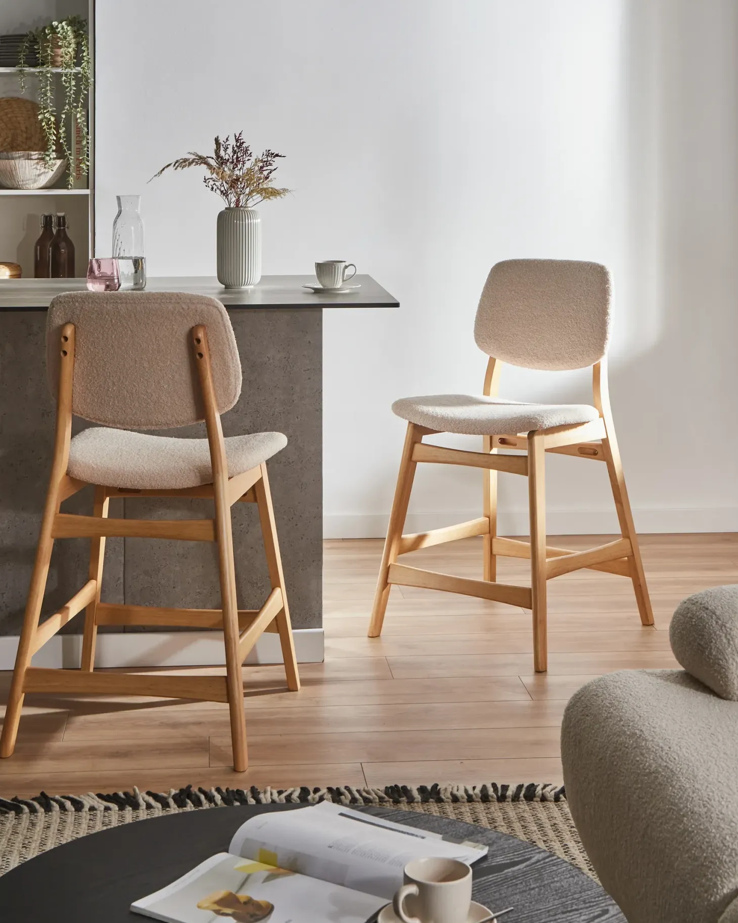 Sæt med 2 barstole ELAINE Boucle Lysebrun/beige