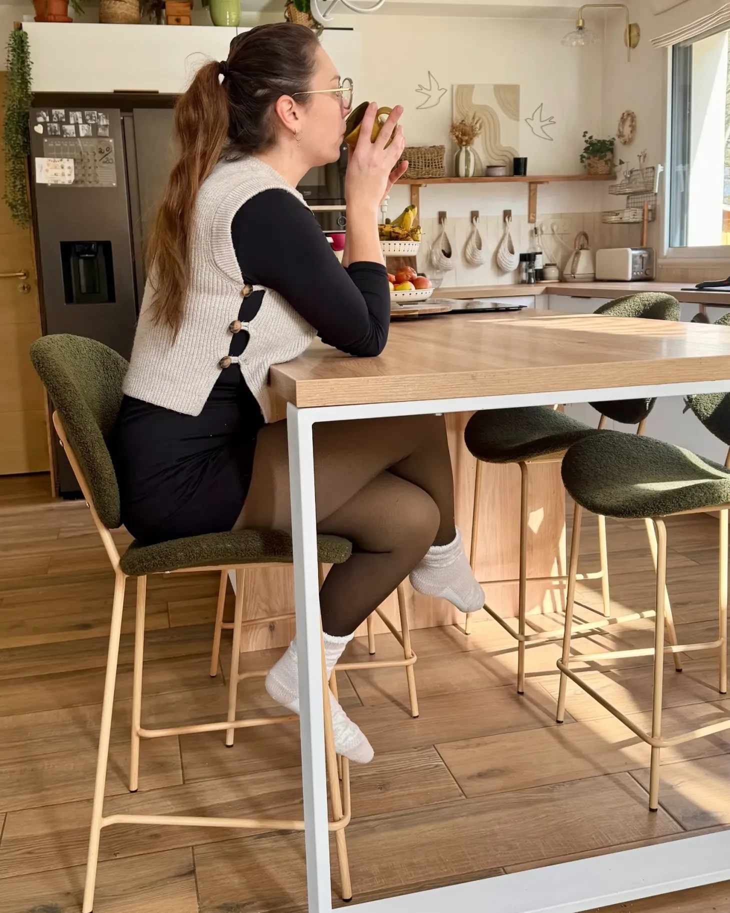 Sæt med 2 barstole LUANA Boucle Mørkegrøn
