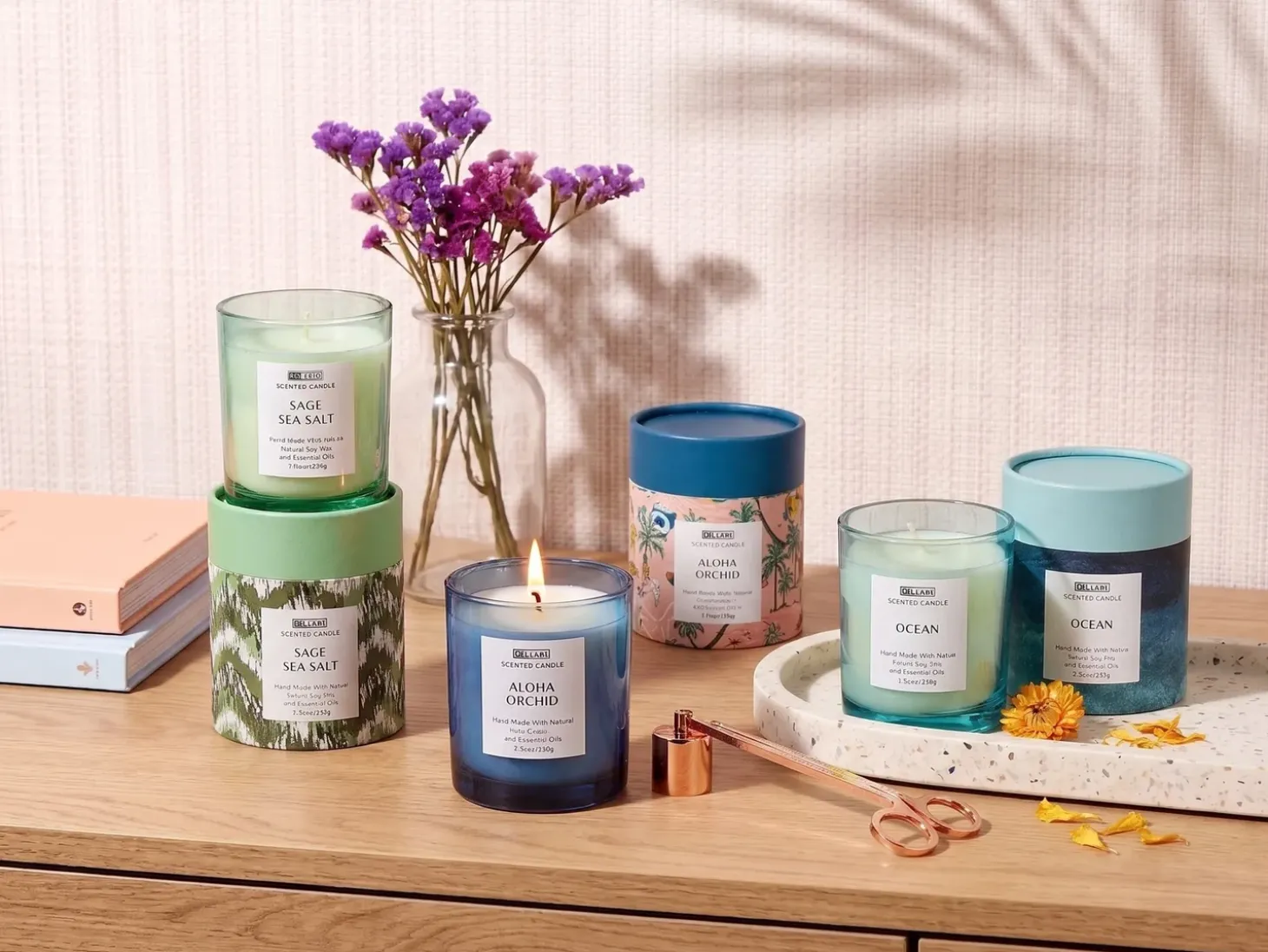 Sæt med 3 duftlys COLORFUL BARREL Soja voks Fresh notes Blomster noter