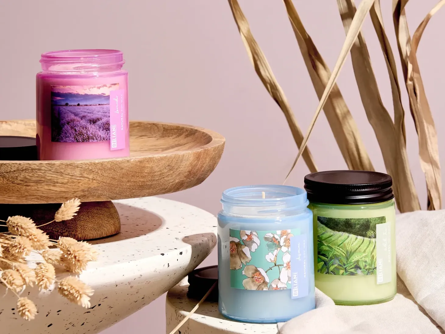 Sæt med 3 duftlys FRUITY BLOOM Soja voks Fresh notes Blomster noter