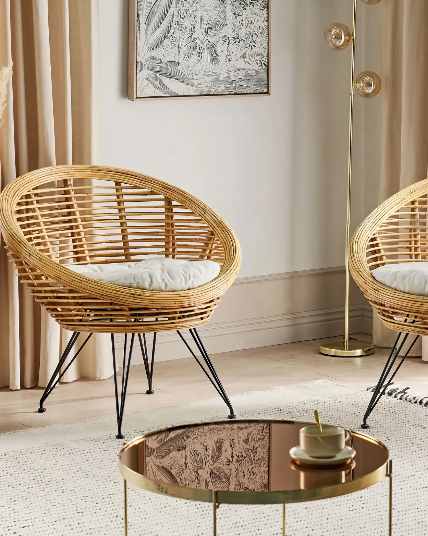 Sæt med 2 stole med puder MARATEA Rattan Naturlig