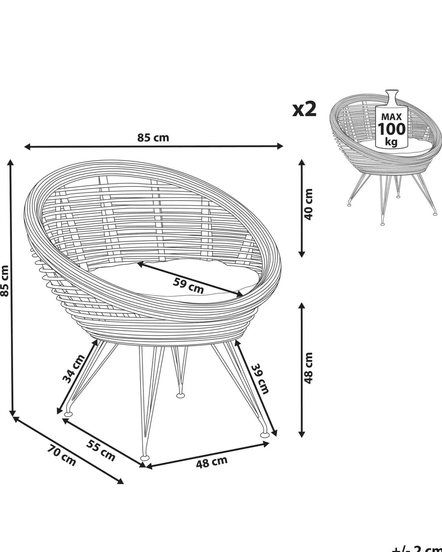 Sæt med 2 stole med puder MARATEA Rattan Naturlig