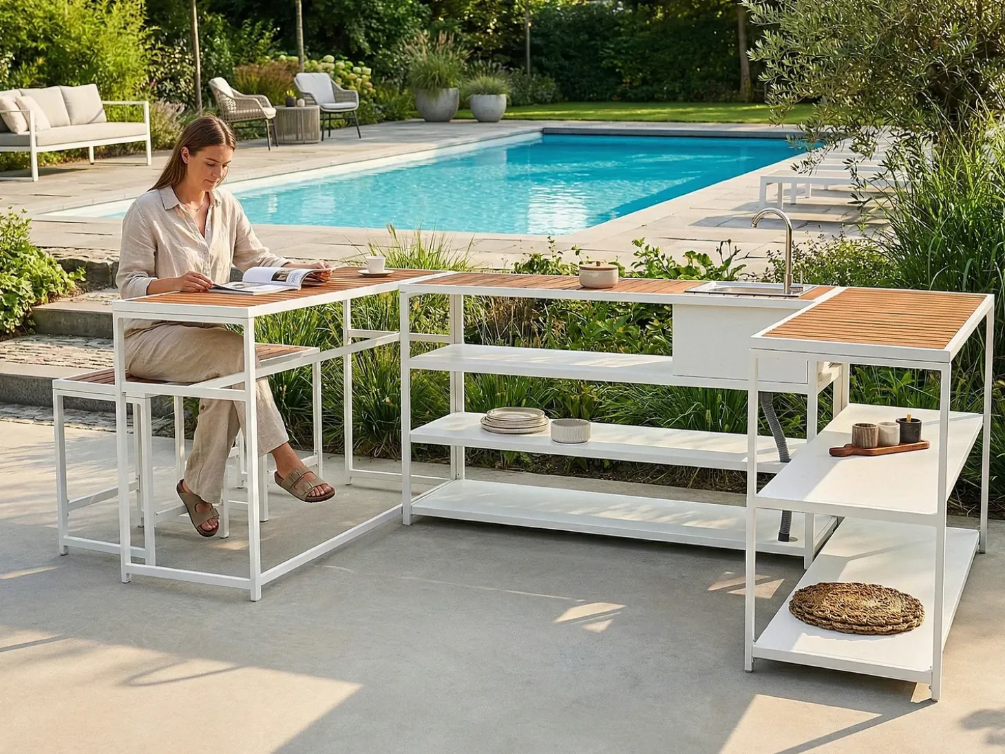 Udendørs køkkensæt med håndvask AVETRANA Brun/hvid Metal