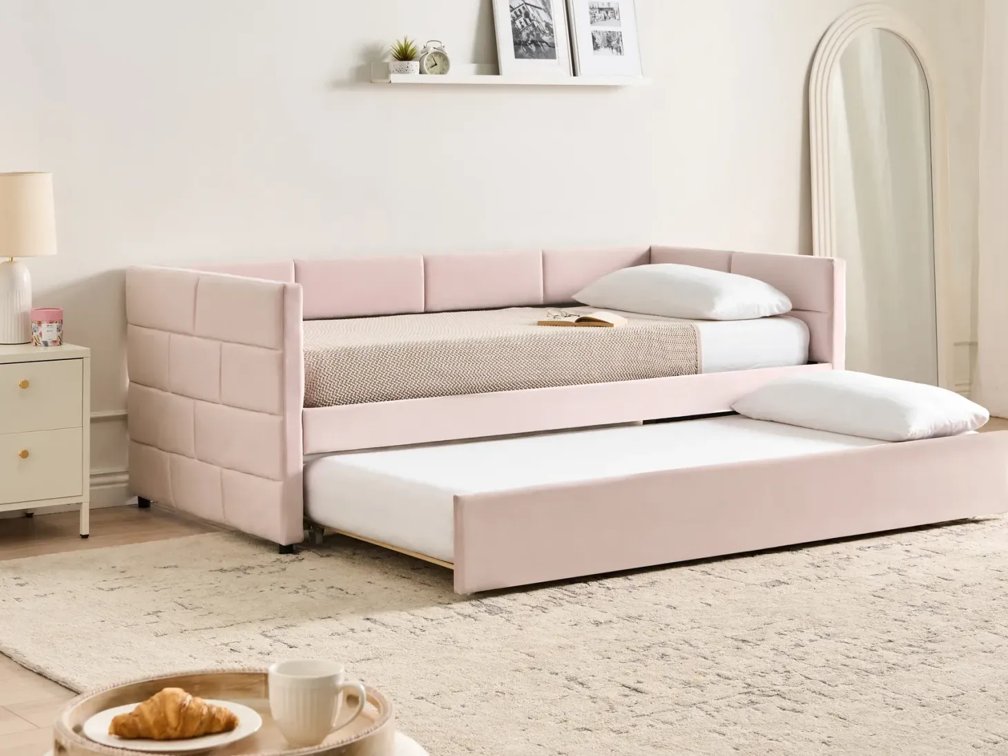Udtræksseng Velour CHAVONNE 90 x 200 cm Lyserød