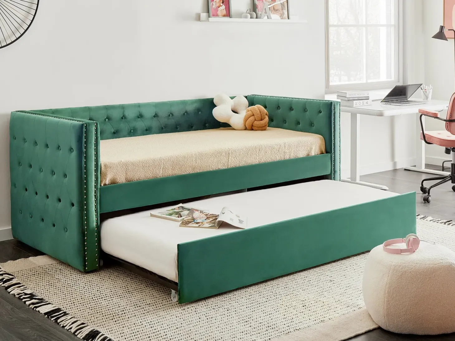 Udtræksseng Velour GASSIN 90 x 200 cm Smaragdgrøn