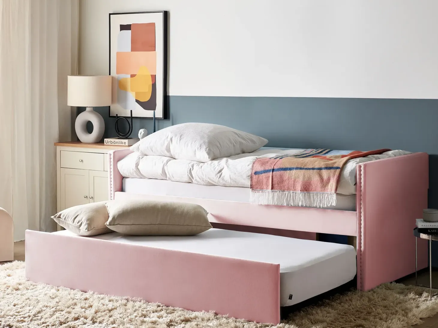 Udtræksseng Velour TROYES 90 x 200 cm Pastellrosa