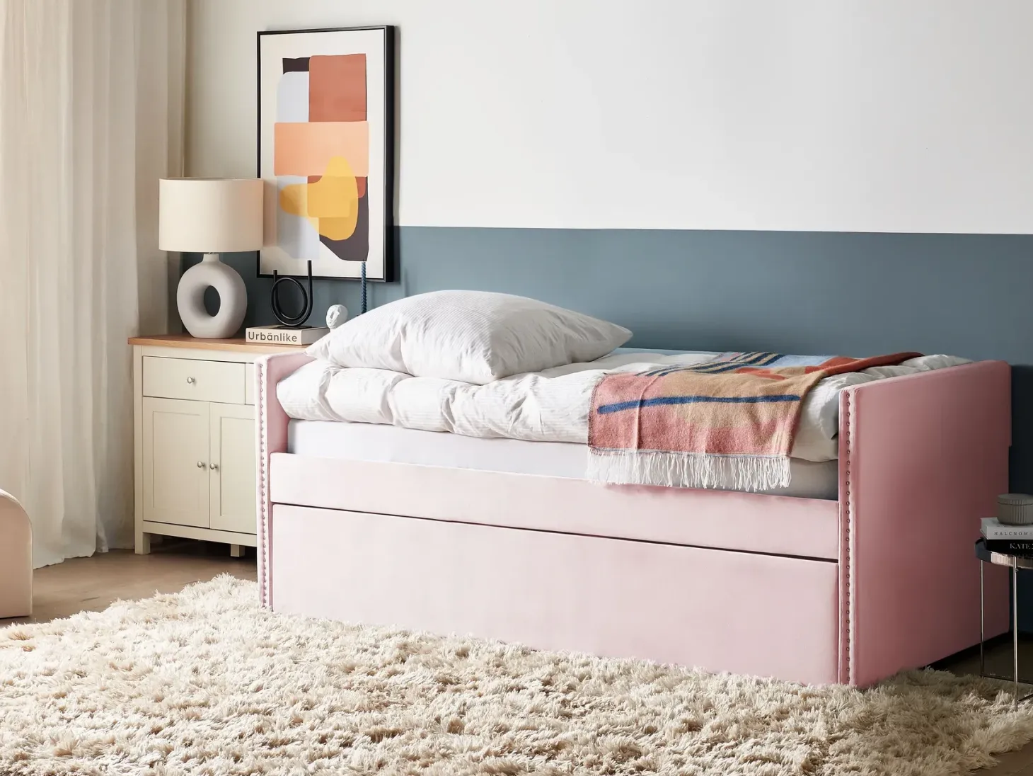Udtræksseng Velour TROYES 90 x 200 cm Pastellrosa