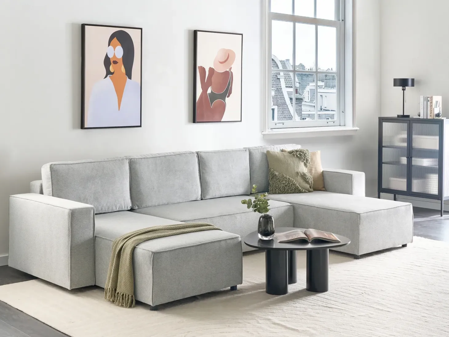 U-formet sovesofa 4 personers VATNE Lysegrå med opbevaring